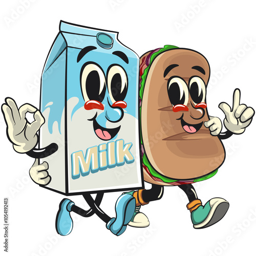 Sub Sandwich cartoon mascot illustration character vector walking with milk box, work of hand drawn