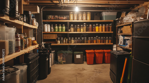 A prepper's basement, well-lit and stocked with canned food in glass jars, water storage containers, and other related items for emergency preparedness. 