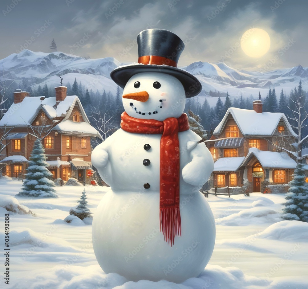 Obraz premium Illustration of funny snowman with winter landscape.