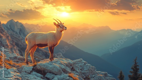 A Mountain Goat Stands on a Rocky Cliff at Sunset photo