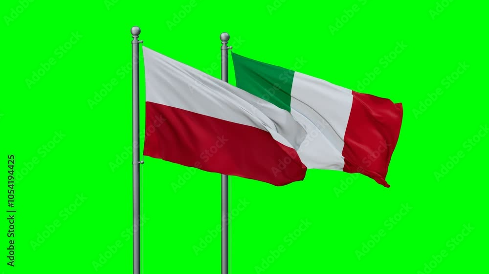 Italy and Poland flags flying together, video concept of the relationship with colored chroma key for easy background remove, two country cooperation concept Italy and Poland flags flying together, video concept of the relationship with colored chroma key for easy background remove, two country cooperation concept