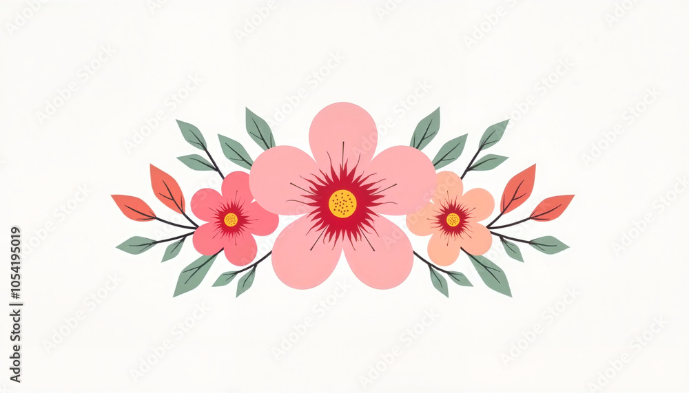 Floral pattern with pink and peach flowers and green leaves on a white background Floral pattern with pink and peach flowers and green leaves on a white background