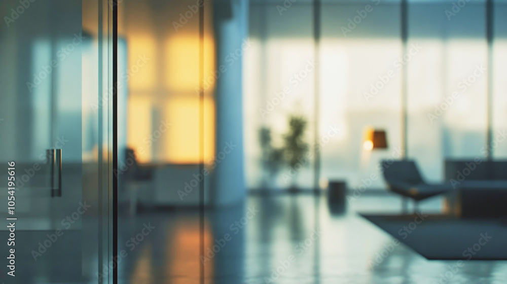 Sleek office design with glass features during a video call showcasing modern workspace aesthetics