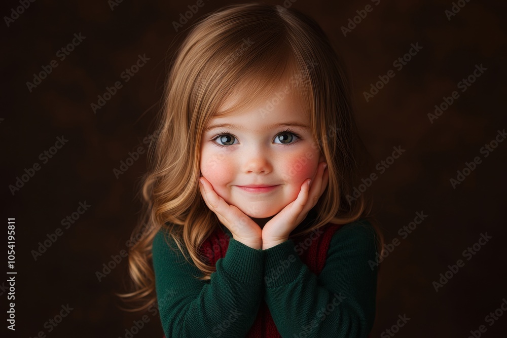 a little girl with an expression of embarrassment. She smiles slightly and looks away, her hands are raised to her face, as if she is shy. a little girl with an expression of embarrassment. She smiles slightly and looks away, her hands are raised to her face, as if she is shy.