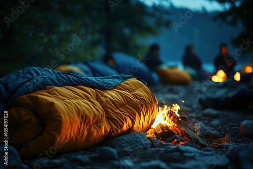 Cozy Campfire with Sleeping Bags Under the Evening Sky photo