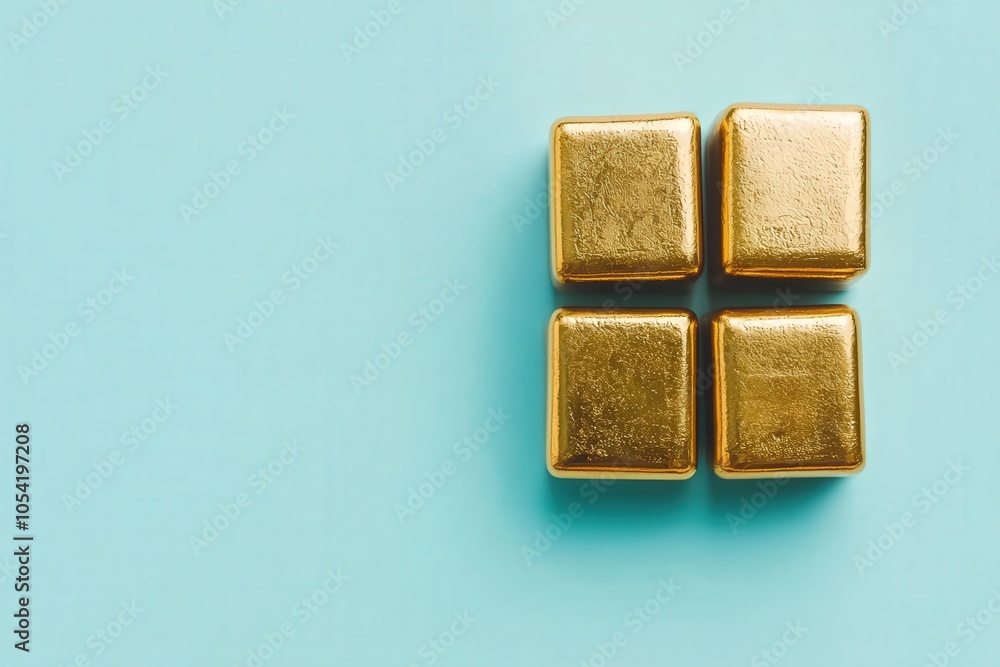 Artistic Presentation of Golden Blocks on a Soft Turquoise Background for Modern Aesthetics Artistic Presentation of Golden Blocks on a Soft Turquoise Background for Modern Aesthetics