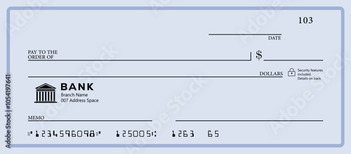 Bank check, vector blank money cheque, checkbook template with guilloche pattern and fields. Currency payment coupon, money check background