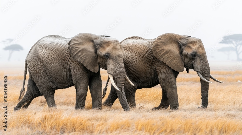 Obraz premium Two elephants wander through tall grass in a beautiful African landscape under misty skies
