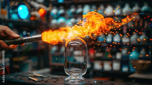 Artisan shaping molten glass with a blowpipe in a vibrant workshop during daylight hours photo