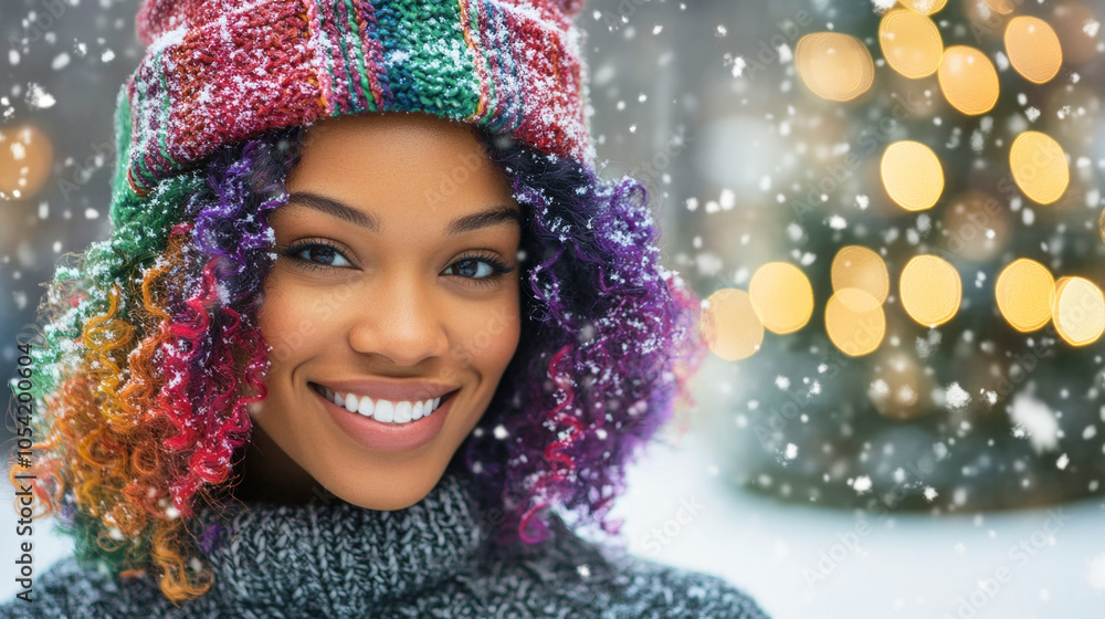Joyful winter celebration with a smiling woman in a festive knitted hat and rainbow curls Joyful winter celebration with a smiling woman in a festive knitted hat and rainbow curls
