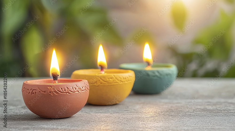 Three colorful candles illuminate a serene setting, creating a warm and inviting atmosphere amidst green foliage. Three colorful candles illuminate a serene setting, creating a warm and inviting atmosphere amidst green foliage.