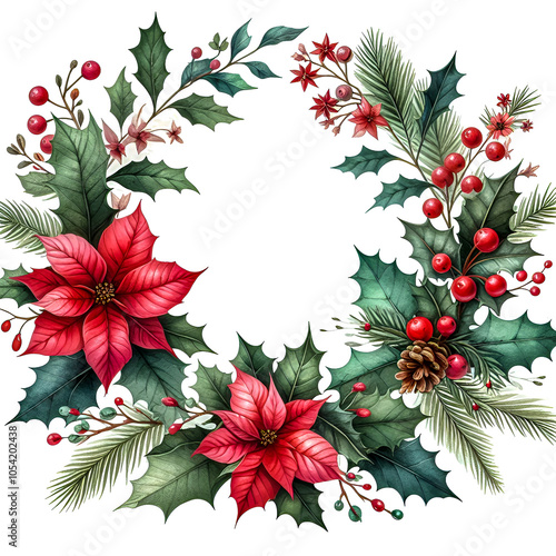 Watercolor Clipart of floral Christmas frame with hand drawn watercolor winter flowers such as red poinsettia and holly branch, isolated on a white background