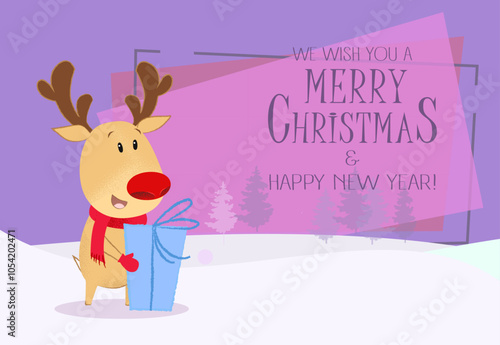 Christmas and New Year banner design. Santa reindeer holding gift box. Forest on abstract background. Template can be used for greeting cards, posters, postcards