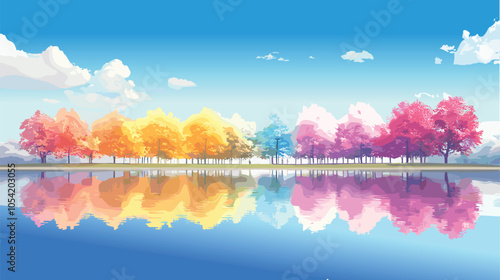 Abstract autumn landscape scenery with morning sky and cloud over multicolor trees with fall leaves, Vector banner wonderful picturesque background with yellow foliage