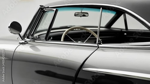 A classic car with a chrome finish and a rear-view mirror sits on a white background