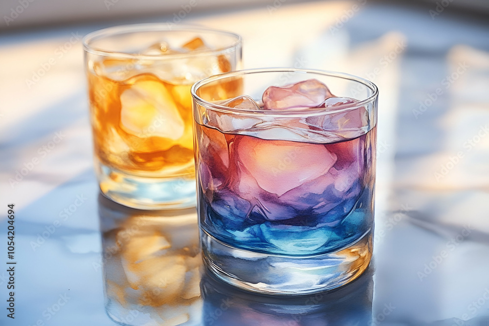 Two colorful drinks in clear glasses filled with ice, one orange and one with a blue gradient, elegantly presented on a reflective surface. Two colorful drinks in clear glasses filled with ice, one orange and one with a blue gradient, elegantly presented on a reflective surface.