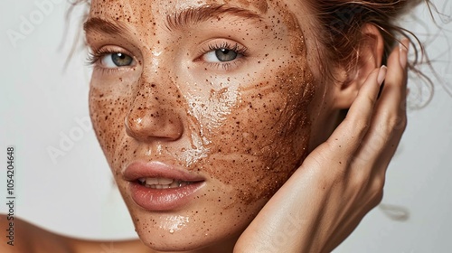 Model with flawless skin using a face scrub