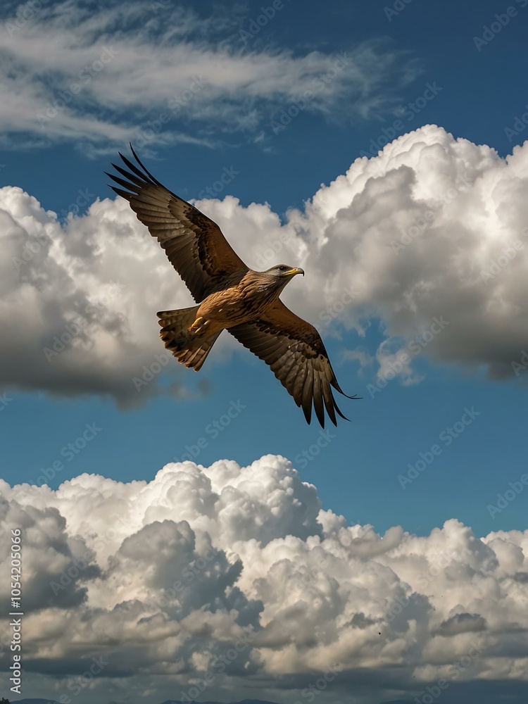 Naklejka premium Majestic bird soaring in a blue sky with fluffy clouds in Serra da Bocaina.