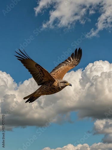 Majestic bird soaring in a blue sky with fluffy clouds in Serra da Bocaina. photo