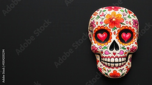 Colorful decorated skull on a dark surface, symbolic of celebration and remembrance. photo