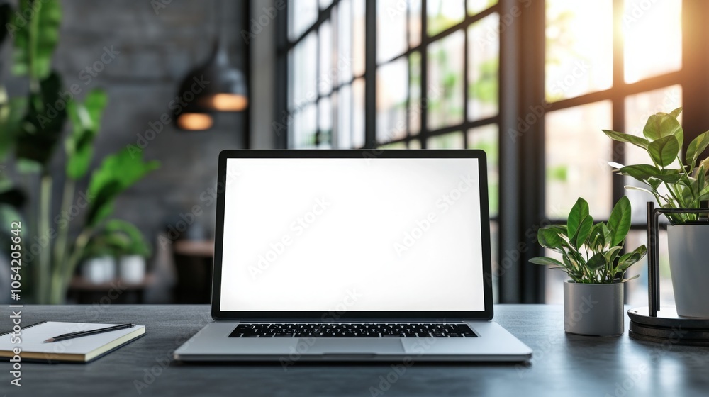 Fototapeta premium A well-lit workspace features an empty laptop screen, surrounded by vibrant green plants. Large windows allow warm sunlight to fill the area, creating a tranquil setting for productivity.