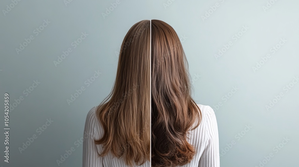 Naklejka premium A photograph of a woman's back is split down the middle. One side shows her hair before a treatment, the other side shows her hair after a treatment
