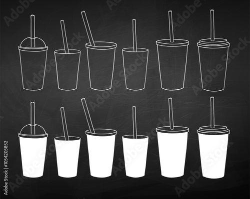 Vector chalk illustration set of line art disposable coffee and tea paper and plastic cups on chalkboard background