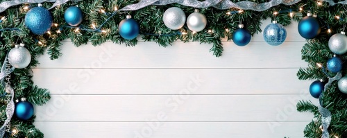 Festive garland with blue and silver ornaments against a light wooden background. photo