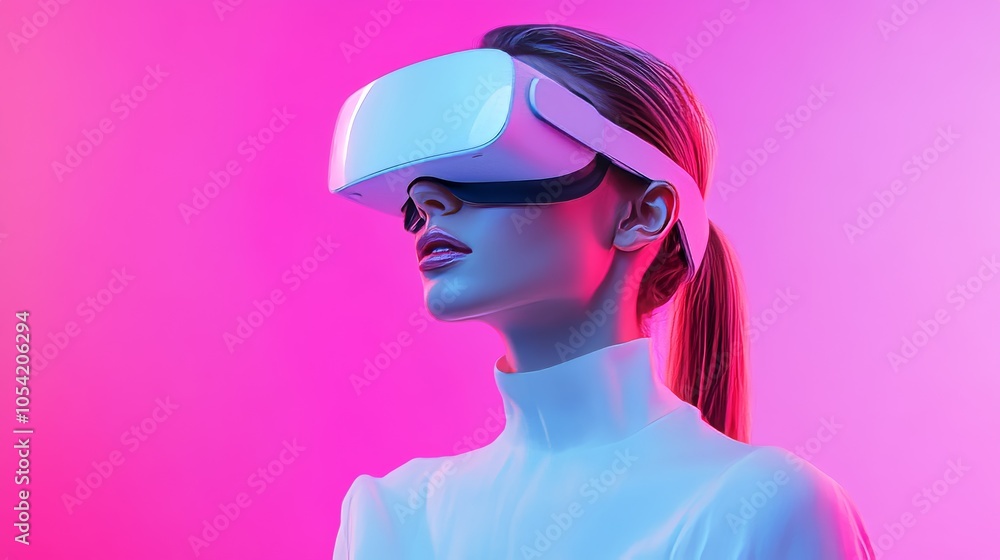 caucasian beautifull female wearing white VR glasses caucasian beautifull female wearing white VR glasses