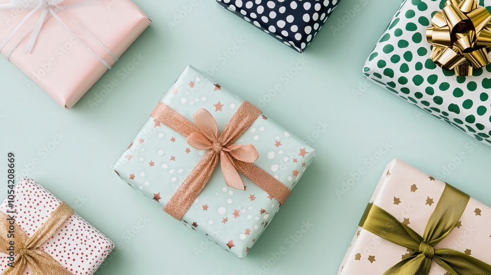 Obraz premium Colorful Gift Wraps Spread Across a Soft Mint Green Surface for Festive Celebrations