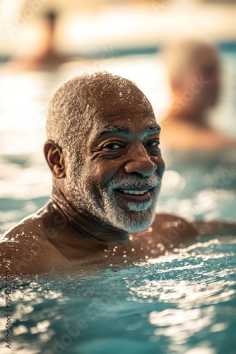 aquatic fitness: elderly african american male doing water exercises at indoor pool. senior activity, retirement hobbies, active aging and healthy lifestyle.