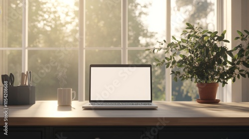 Wallpaper Mural A tidy desk features an open laptop, a coffee cup, and a small potted plant beside a large window. Sunlight streams in during the afternoon, creating a calm and inviting atmosphere. Torontodigital.ca