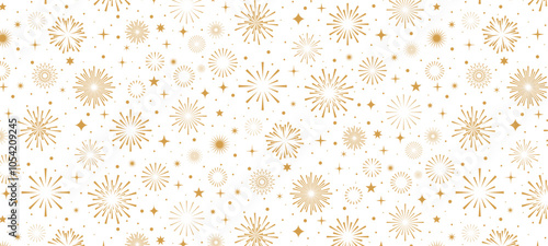Christmas background, holiday pattern with gold fireworks