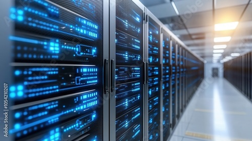 A modern data center showcasing rows of servers with vibrant blue lights, representing advanced technology and storage solutions.
