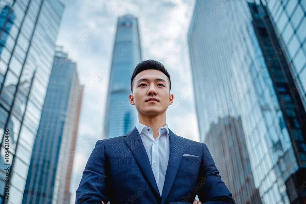 Fototapeta premium rich Chinese young man in full height in an expensive suit against the background of blurry skyscrapers