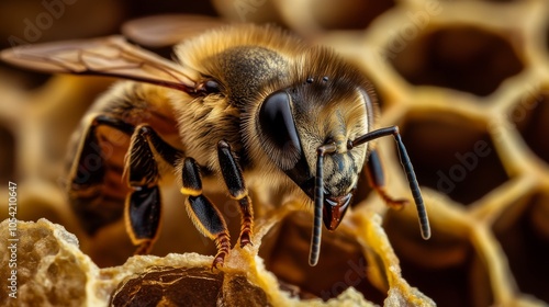 A bee on the background of a honeycomb