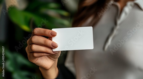 Woman's hand hoding a business card photo