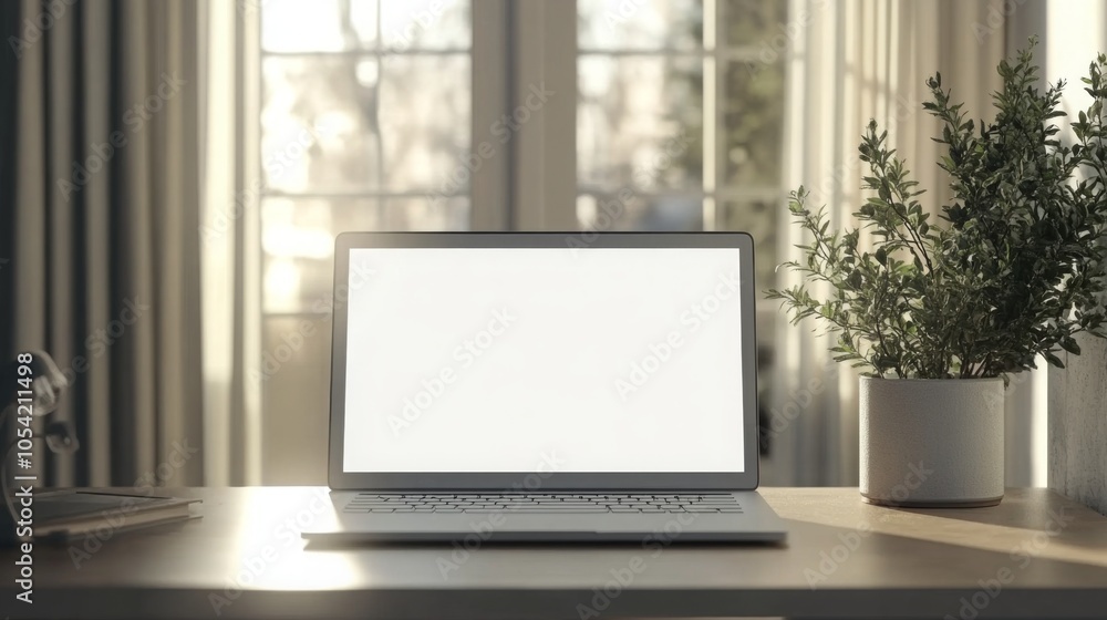 Fototapeta premium A clean and minimalist workspace highlights a blank laptop on a wooden desk, accompanied by a small potted plant.