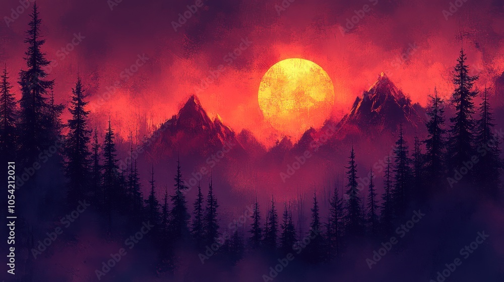 A Silhouetted Forest with a Large Yellow Sun Setting Behind a Mountain Range A Silhouetted Forest with a Large Yellow Sun Setting Behind a Mountain Range