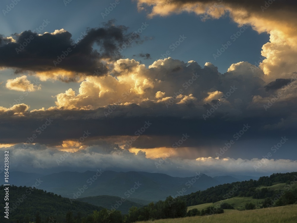 Obraz premium Dramatic Sunset Over Rolling Hills and Mountains