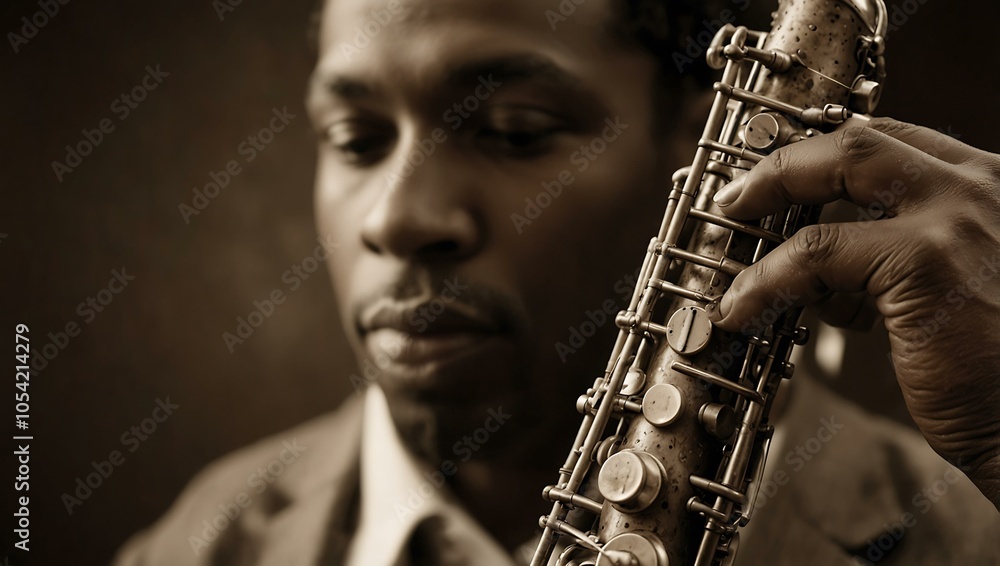 Fototapeta premium Sepia-toned image of a musician playing saxophone, focusing on hands and instrument.