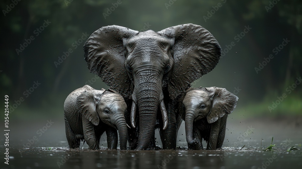 Fototapeta premium A Mother Elephant and Her Two Calves in a Mist-Filled Forest Stream