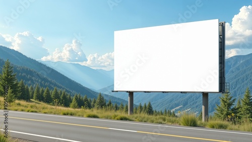 White billboard near the road with mountain view, clean and minimalist design, large and empty, ready for custom text or graphics. horizontal advertisement mockup, summer