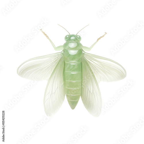 A green insect with a long body and two wings with white background or transparent