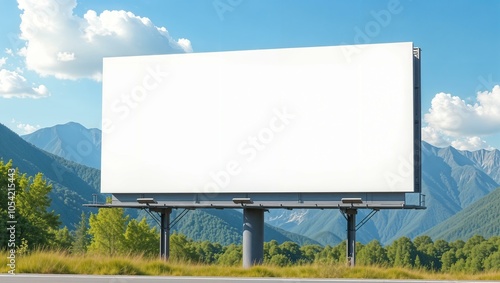White billboard near the road with mountain view, clean and minimalist design, large and empty, ready for custom text or graphics. horizontal advertisement mockup, summer
