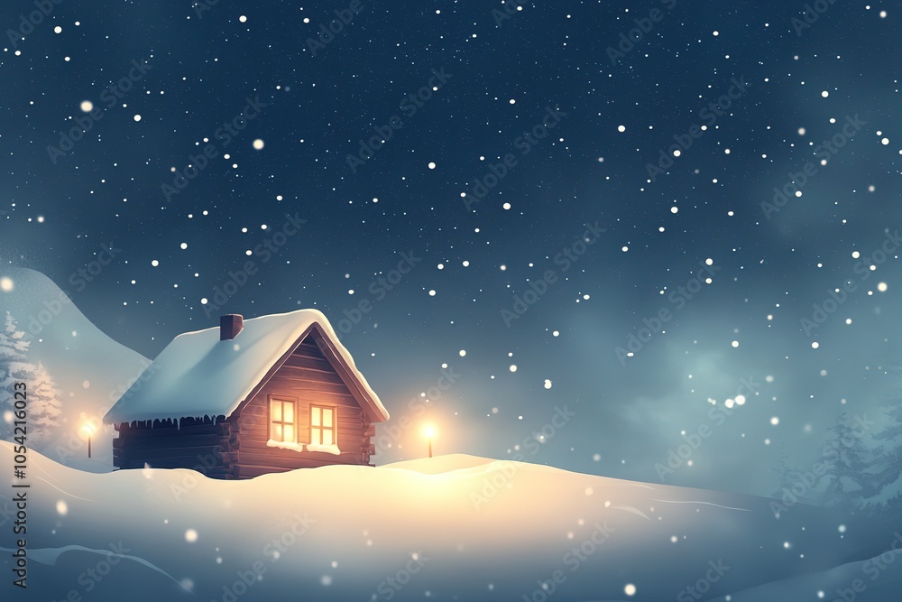 Naklejka premium Cozy snowy cabin night scene with glowing windows
