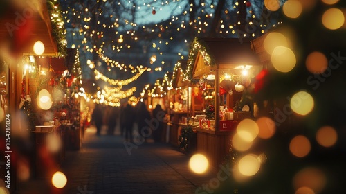 Blurred Christmas market with twinkling lights, garlands, and decorated stalls. Warm glows illuminate the festive stalls, creating a cozy winter feel.