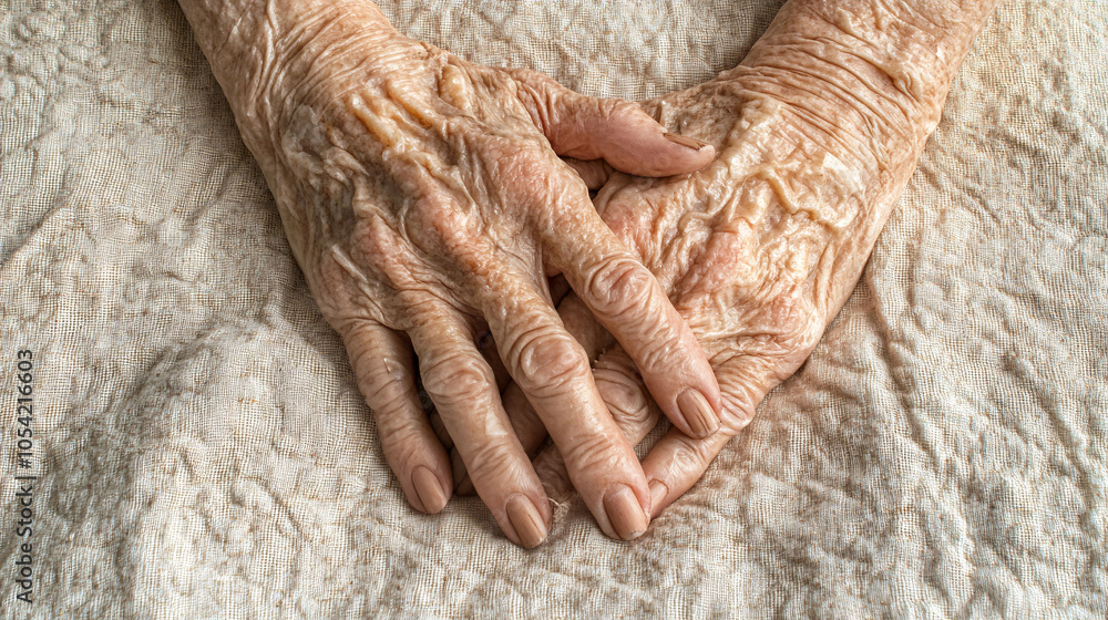 Fototapeta premium Elderly hands resting on a cloth surface