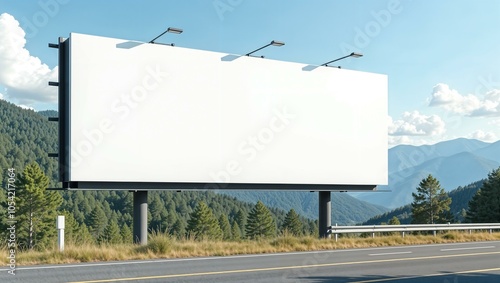 White billboard near the road with mountain view, clean and minimalist design, large and empty, ready for custom text or graphics. horizontal advertisement mockup, summer