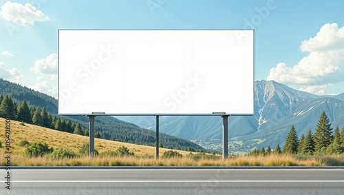 White billboard near the road with mountain view, clean and minimalist design, large and empty, ready for custom text or graphics. horizontal advertisement mockup, summer